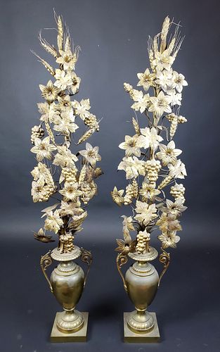 Pair of Gilt Bronze/ Brass Light Floral Urns, Circa 1900