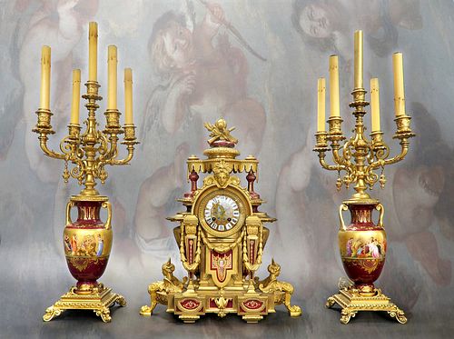 19th C Royal Vienna Figural Bronze Clock Set