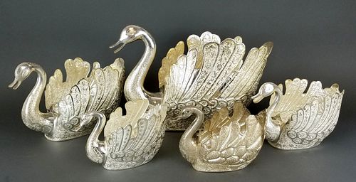 Set of 5 Persian Silver Hand Hammered/ Engraved Swans