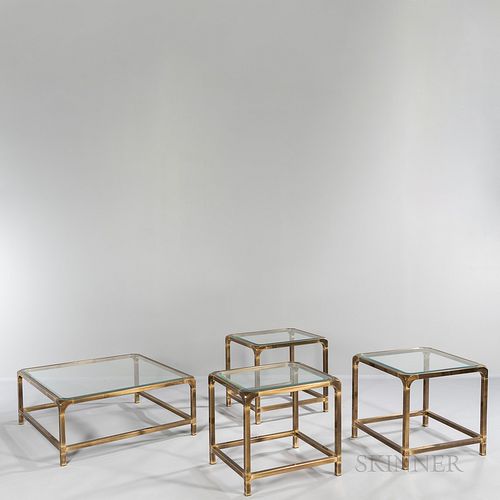 Brass and Glass Coffee Table, Occasional Table and Two End Tables