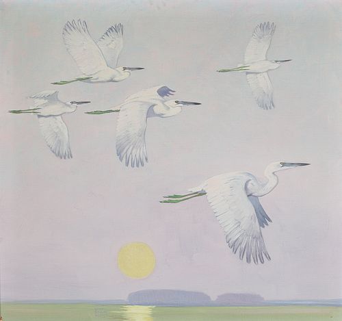 Lynn Bogue Hunt (1878-1960), Moonrise, Gulf, Little Blue Herons