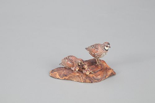 Miniature Bobwhite Quail Pair with Chicks, Allen J. King (1878-1963)
