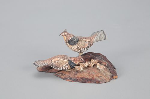 Miniature Ruffed Grouse Pair with Chicks, Allen J. King (1878-1963)