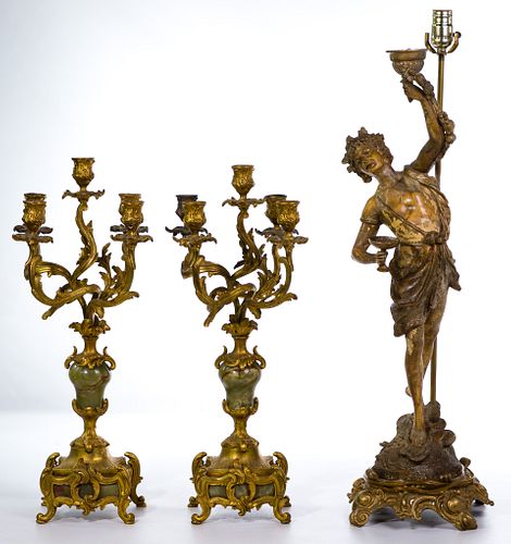 L F Moreau 'Dionysus' Statue Lamp and Metal Candelabras