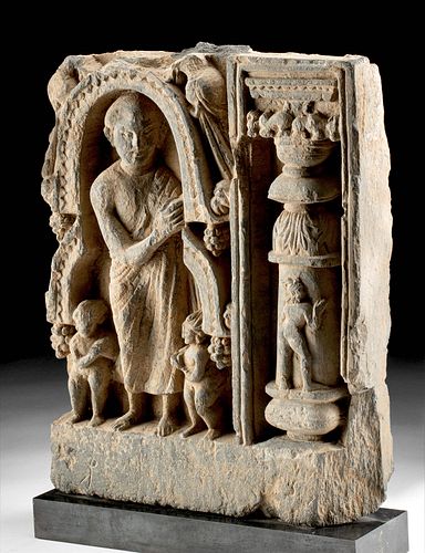 Gandharan Schist Relief Panel w/ Man, Putti, and Column