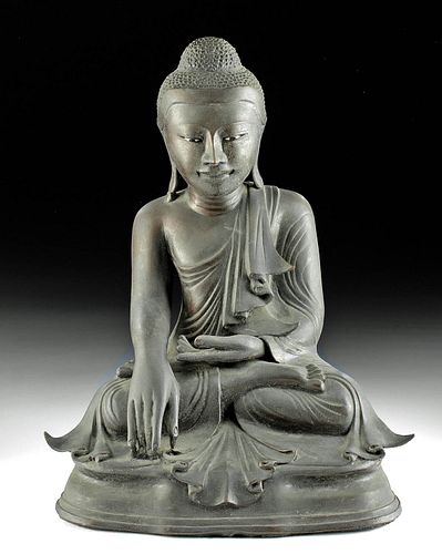 19th C. Burmese Brass Seated Buddha w/ Glass Eyes