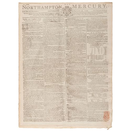 [MUTINY ON THE BOUNTY]. Mutiny of the HMS Bounty covered in 2 issues of the Northampton Mercury. Vol. LXXI. Northampton: T. Dicey & Co., 30 October 17