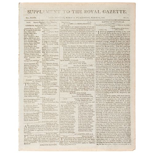 [BATTLE OF TRAFALGAR].  Supplement to the Royal Gazette and the Jamaica Courant.  Vol. XXVIII, No. 13.  Kingston: 29 March 1806.