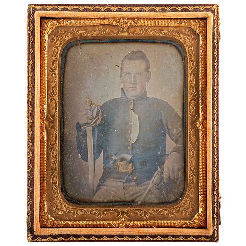 [CIVIL WAR]. Sixth plate daguerreotype of triple armed Union cavalry private. N.p.: n.p., [ca early 1860s].