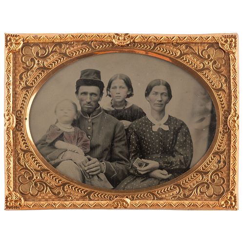 [CIVIL WAR - TINTYPE]. Quarter plate tintype of a soldier and his family. N.p., n.d.