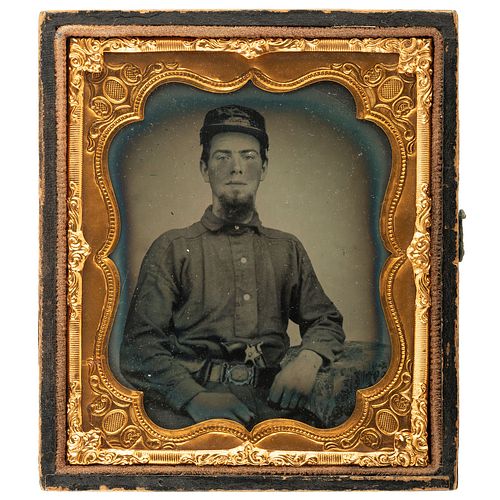 [CIVIL WAR]. Sixth plate ruby ambrotype of early militiaman, possibly from Rhode Island, with Colt Root revolver. N.p.: n.p., [ca early 1860s].