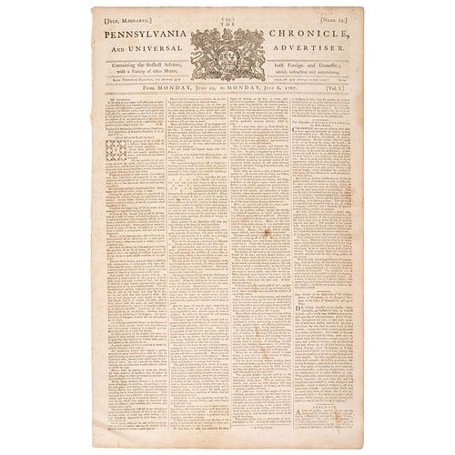 [FRANKLIN, Benjamin (1706-1790)]. The Pennsylvania Chronicle, and Universal Advertiser. Vol. I, No. 24.  Philadelphia: William Goddard, 29 June 1767 -