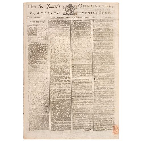 [REVOLUTIONARY WAR - BATTLES OF TRENTON & PRINCETON]. The St. James's Chronicle: British Evening-Post. No. 2492. London: H. Baldwin, 27 February 1777-