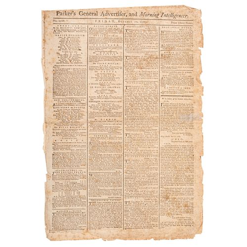 [REVOLUTIONARY WAR - TREATY OF PARIS]. Parker's General Advertiser, and Morning Intelligencer. No. 2166.  London: W. Parker, 17 October 1783.