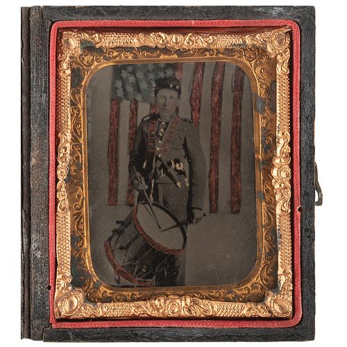 [CIVIL WAR]. Ninth plate ruby ambrotype of Union infantry drummer. N.p.: n.p., [1860s].