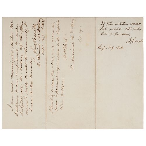 LINCOLN, Abraham (1809-1865). Autograph endorsement signed ("A. Lincoln"), as President. [Washington], 29 September 1862. 1 page, 4to, old creases.
