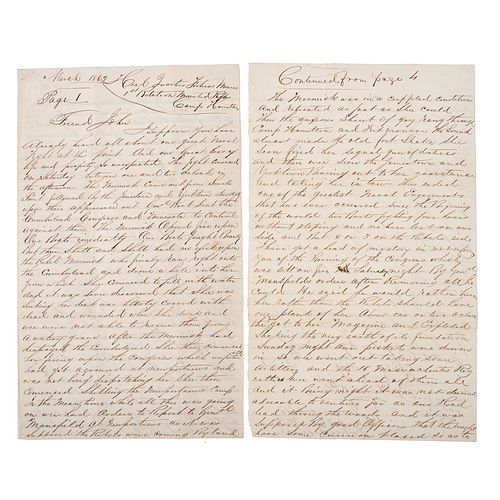 [CIVIL WAR - BATTLE OF THE MONITOR AND MERRIMAC]. HANSON, Thomas (b. ca 1844). Autograph letter signed ("Thomas Hanson"), 1st New York Cavalry. Camp H