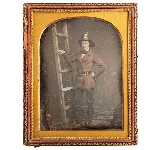 [EARLY PHOTOGRAPHY]. Half plate daguerreotype of firefighter Walter Van Erven Dorens. [San Francisco]: n.p., [ca 1854-1856].