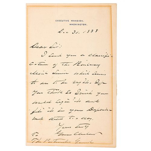 CLEVELAND, Grover (1837-1908). Autograph letter signed as President ("Grover Cleveland"), to the Postmaster General. Washington, DC, 31 December 1888.