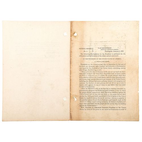 [EMANCIPATION PROCLAMATION]. General Orders No. 1 War Department, Adjutant General's Office. Washington, DC: 2 January 1863.