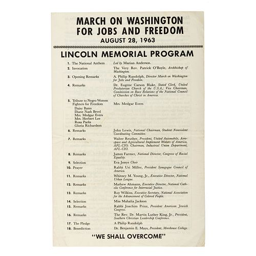 [CIVIL RIGHTS]. March on Washington for Jobs and Freedom, August 28, 1963: Lincoln Memorial Program. [Washington, DC], 1963. 
