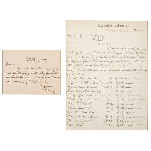 [SIOUX UPRISING AND EXECUTION]. LINCOLN, Abraham (1809-1865). Facsimile of Lincoln's autograph letter to General Henry H. Sibley with autograph letter