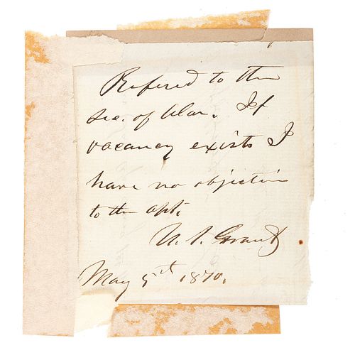 GRANT, Ulysses S. (1822-1885). Autograph note signed as President ("U.S. Grant"). 5 May 1870.