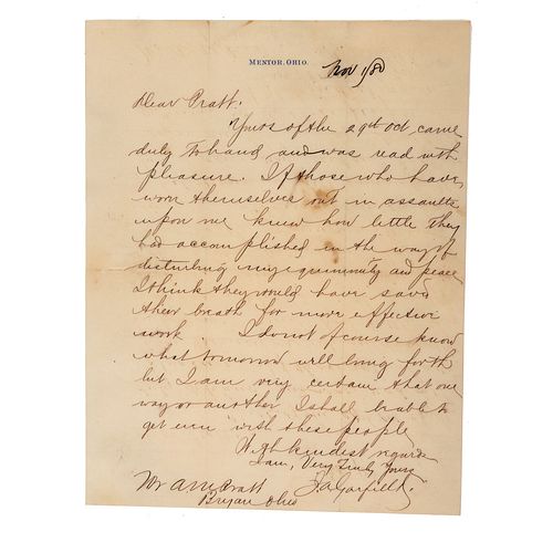 GARFIELD, James A. (1831-1881). Autograph letter signed ("J.A. Garfield") to Albert Mansfield Pratt (1825-1889). Bryan, Ohio, November 1880. 1 page, 4