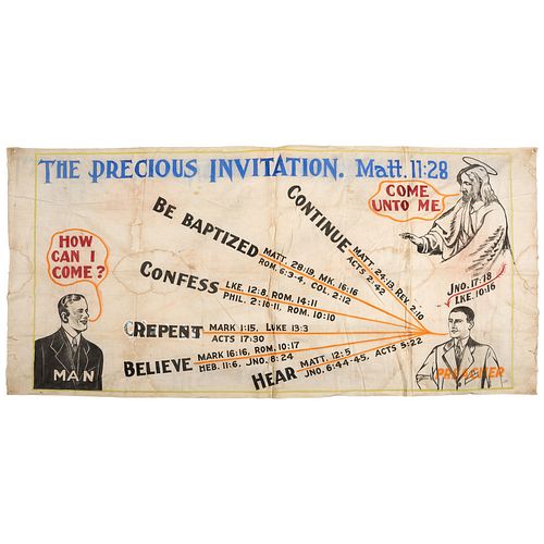 [RELIGION]. The Precious Invitation. Matt. 11:28. Illustrated church tent revival banner. Ca 1910s-1920s. 