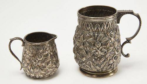 S Kirk and Son Coin Silver Repousse Mug & Pitcher