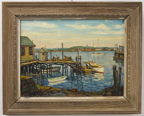 Oil on Canvas Fishermen In Maine Harbor