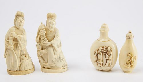 2 Chinese Carved Bone Figures & 2 Snuff Bottles