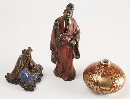 Two Pottery Asian Figures & Vase