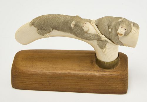 Japanese Carved Cane Handle with Monkeys