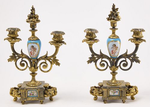 Pair French Gilded & Painted Porcelain Candelabras