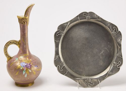 Bohemian Glass Vase, Art Nouveau Tray & Pitcher