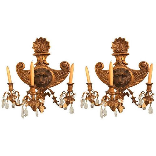 19th C. Pair Carved Lion Head Shell Form Sconces