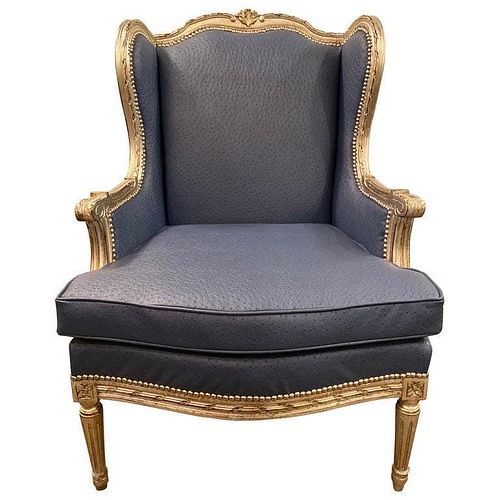 Louis XV Style Silver Wing Back Bergere Chair Ostrich