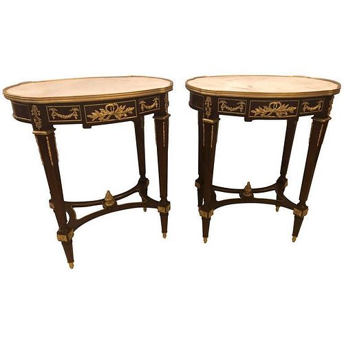 Bronze Framed Marble-Top End Lamp Tables