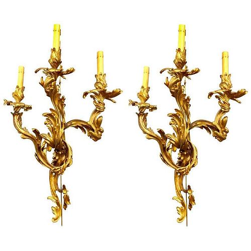 Pair of Louis XVI Style Bronze Three Light Sconces