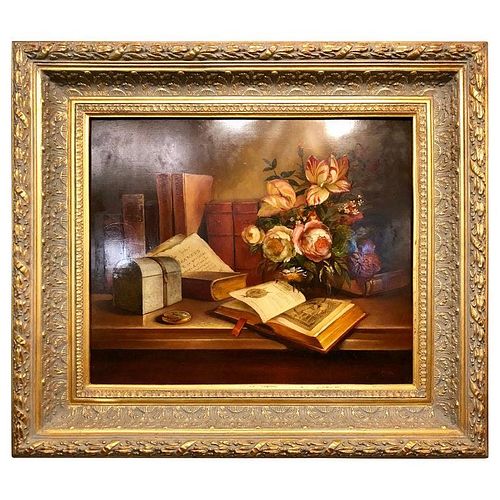 Oil Canvas Still Life of a Book and Flowers Signed