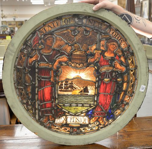 Round Stained and Leaded Window, marked 'State of New York' with ships, glass 28 inches, total 32 1/2 inches.