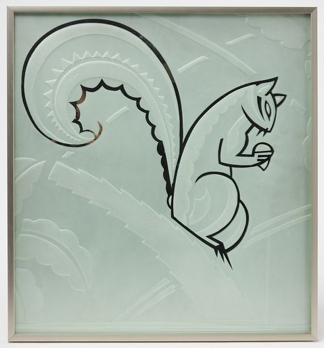 Art Deco Etched Glass Panel of a Squirrel