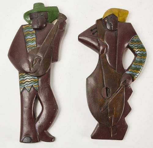 Pair of Cubist Painted Plaster Wall Plaques