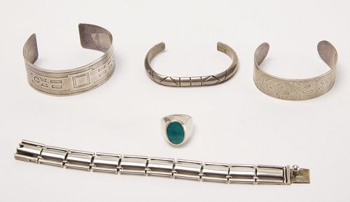 4 Silver Native American Bracelets & Navajo Ring