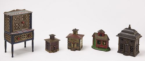 Four Cast Iron Banks and Doll House Cabinet