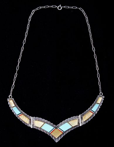 Navajo Silver Turquoise & Mother of Pearl Necklace