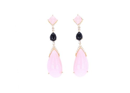 Pink Opal & Onyx Diamond 18k Yellow Gold Earrings