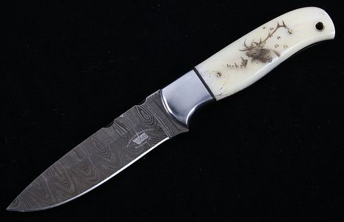 Yellowstone Elk Scrimshaw Damascus M.T. Knives