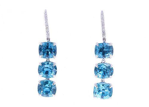 Blue Zircon & Diamond 14k White Gold Earrings